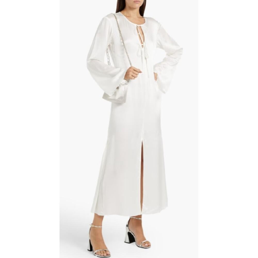 FRAME Bow-Detail Bell Sleeve Washed Silk Midi Maxi Dress Medium Off White $598